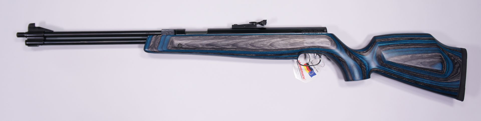 HW 77K-97, Kaliber 5,5 mm, F, mit Schalldmpfer und blauem Schichtholzschaft