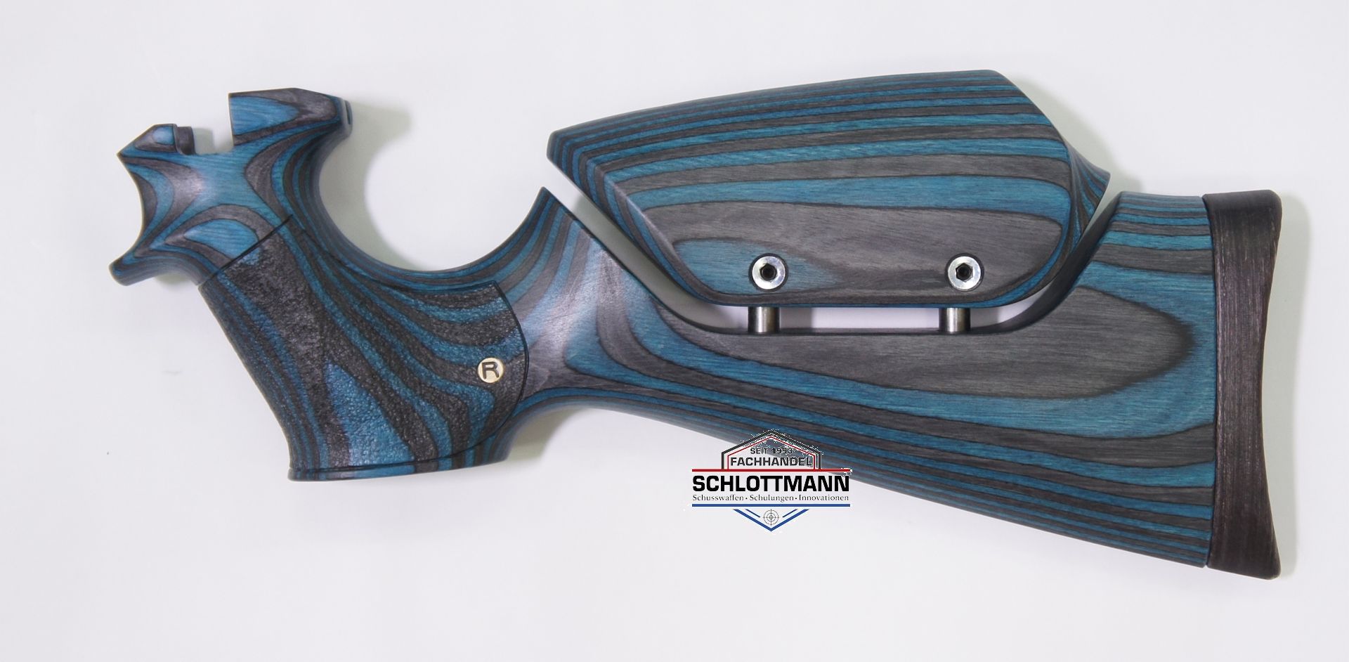 Anschlagschaft fr Luftpistole airmaX PP700S-A aus schwarz-blauem Schichtholz mit verstellbarer Schaftbacke