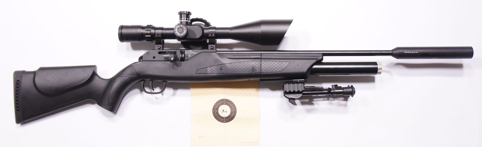 Walther Dominator im Set, aber zusätzlich mit Laufgewinde, Schalldämpfer und Abzugstuning, Abbildung zeift die Ausführung mit 53cm Lauflänge