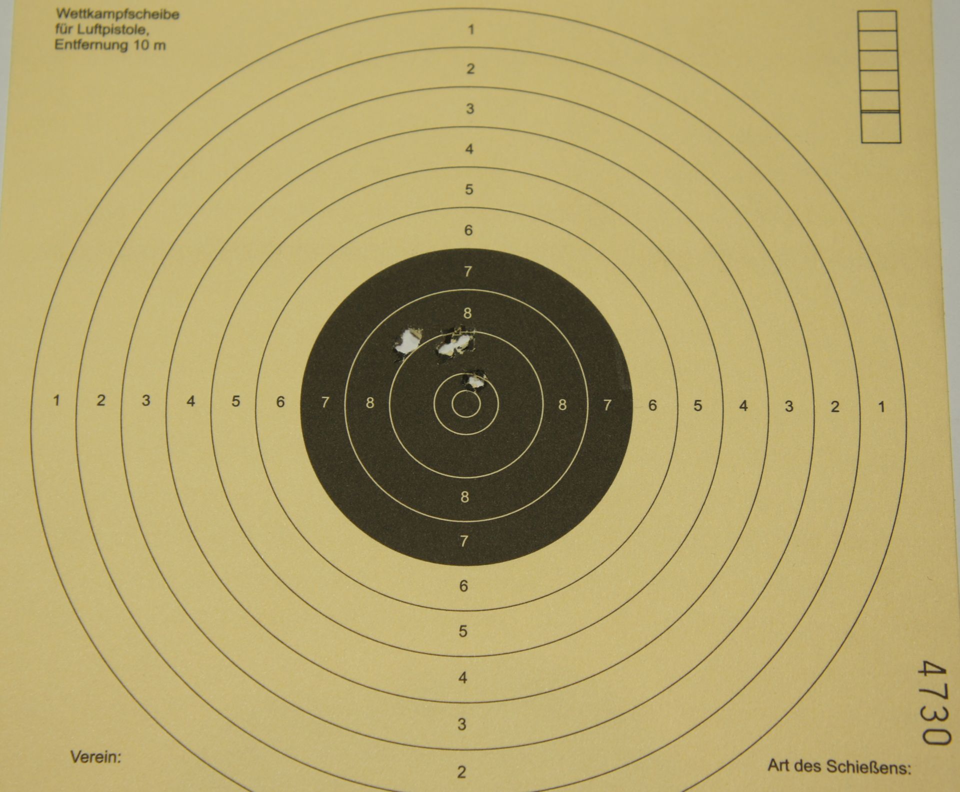 Trefferbild 6 Schuss auf 10m mit den Geschossen Baracuda Match 4,50