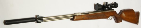 Montagebeispiel: vernickeltes Luftgewehr HW 77 im 97er Holzschaft mit Zielfernrohr, Laufgewinde und Schalldämpfer