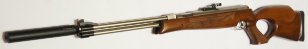 vernickeltes Luftgewehr HW 77 im verstellbarem Lochschaft mit Laufgewinde und Schalld�mpfer