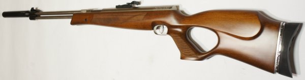 vernickeltes Luftgewehr HW 77 im Lochschaft mit Laufgewinde und Schalld�mpfer