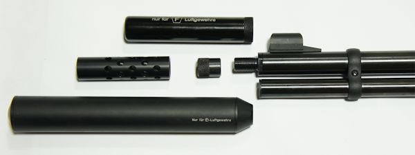 Das Bild zeigt ein Montagebeispiel mit eingebautem <a href=1165822.htm>Schalldmpferadapter fr Walther LeverAction </a> und passendes, sehr gutes Zubehr. Im Bild ist die schwarze, Standardausfhrung