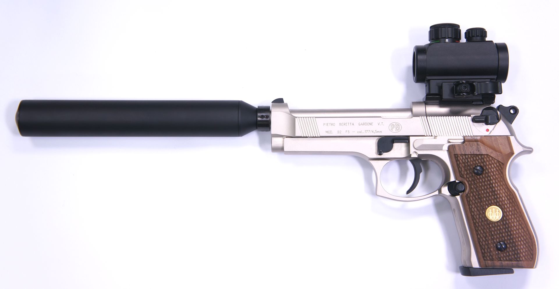 CO2 Pistole Beretta 92FS RTU mit Schalldämpfer von Weihrauch und Leuchtpunktvisier von UTG (wie angeboten)