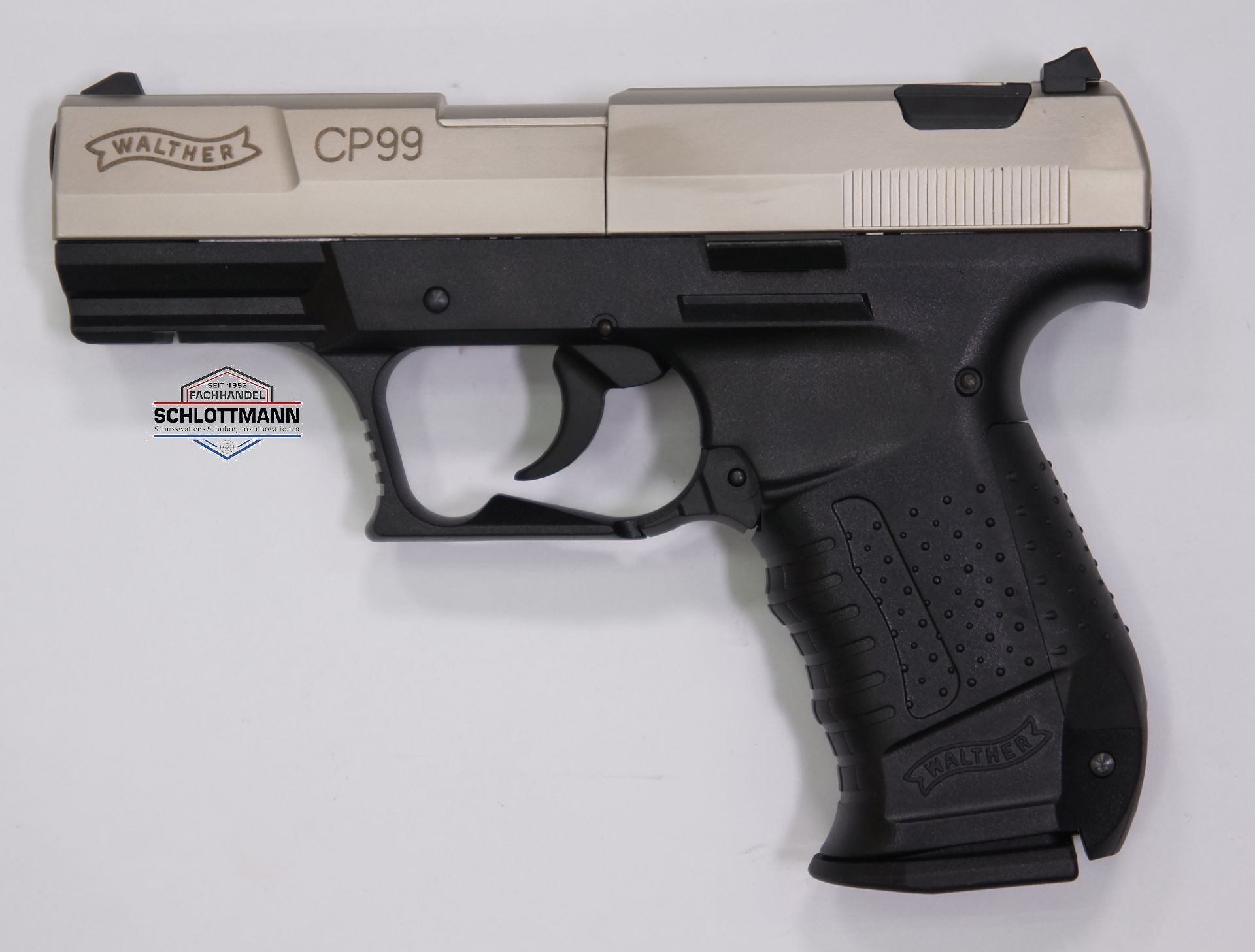 Walther CP99 bicolor, CO2 Pistole mit vernickeltem Schlitten im Kaliber 4,5mm