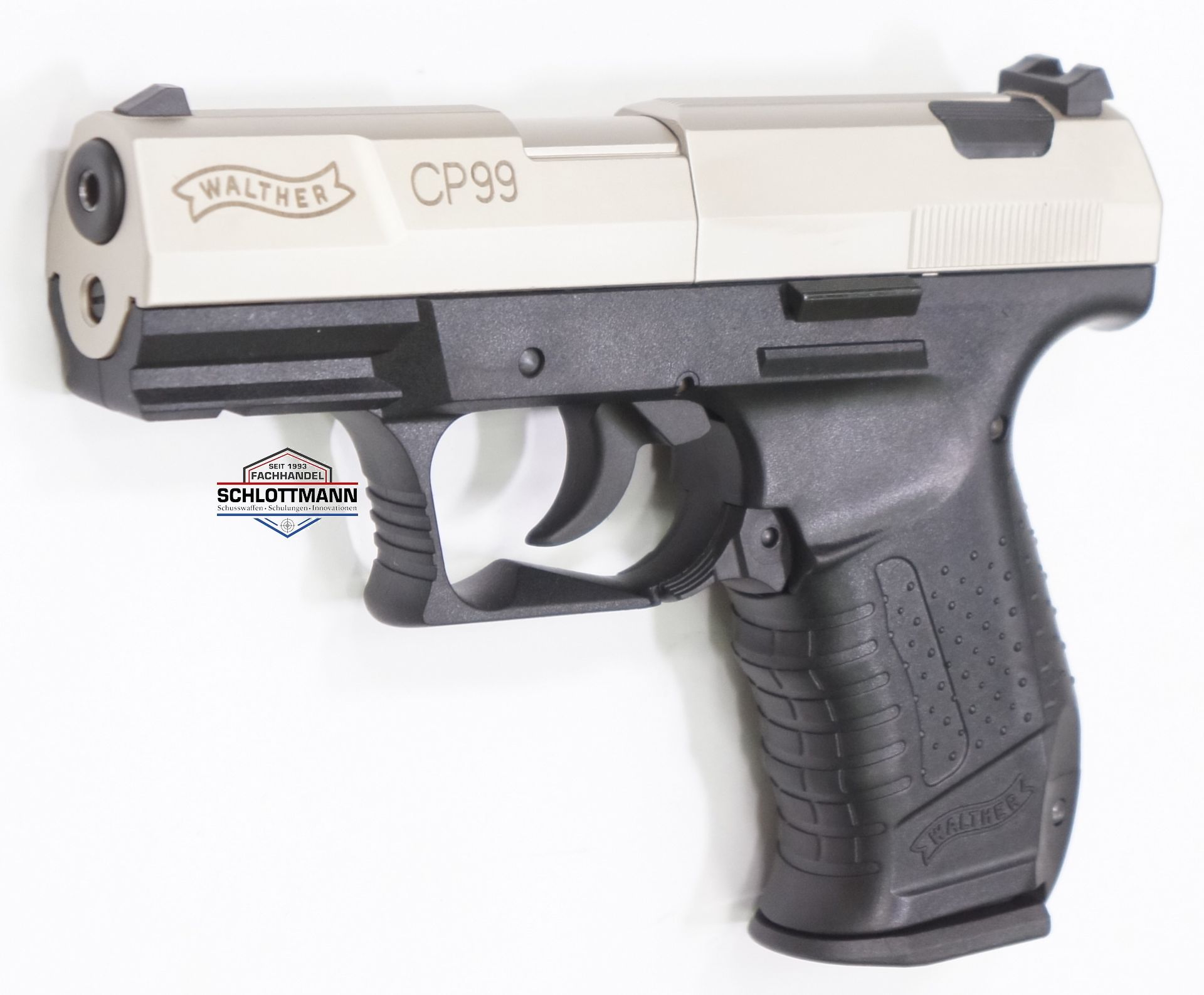 Walther CP99 bicolor, CO2 Pistole mit vernickeltem Schlitten im Kaliber 4,5mm