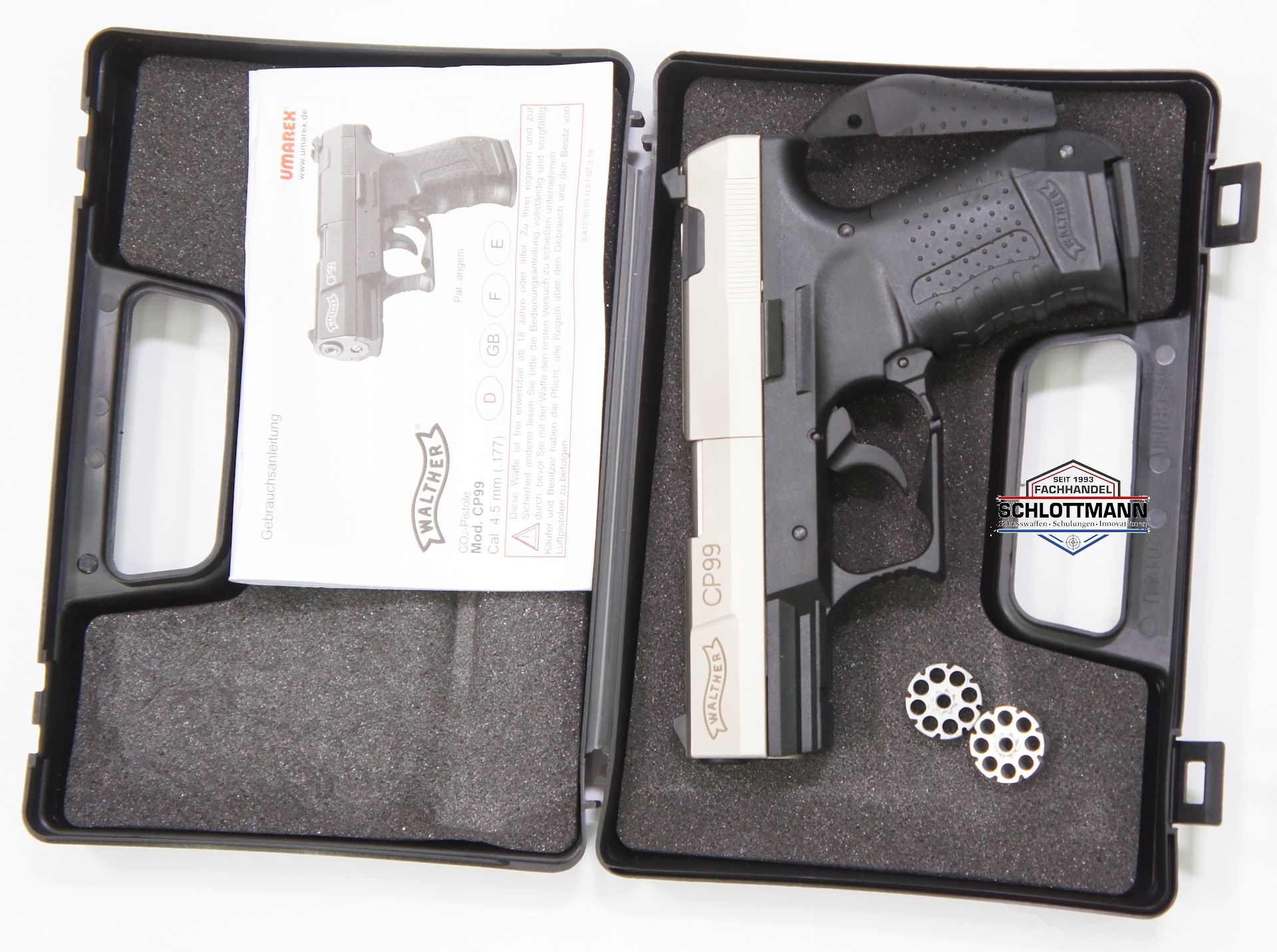 Die CO2 Luftpistole Walther CP99 wird mit Koffer geliefert 