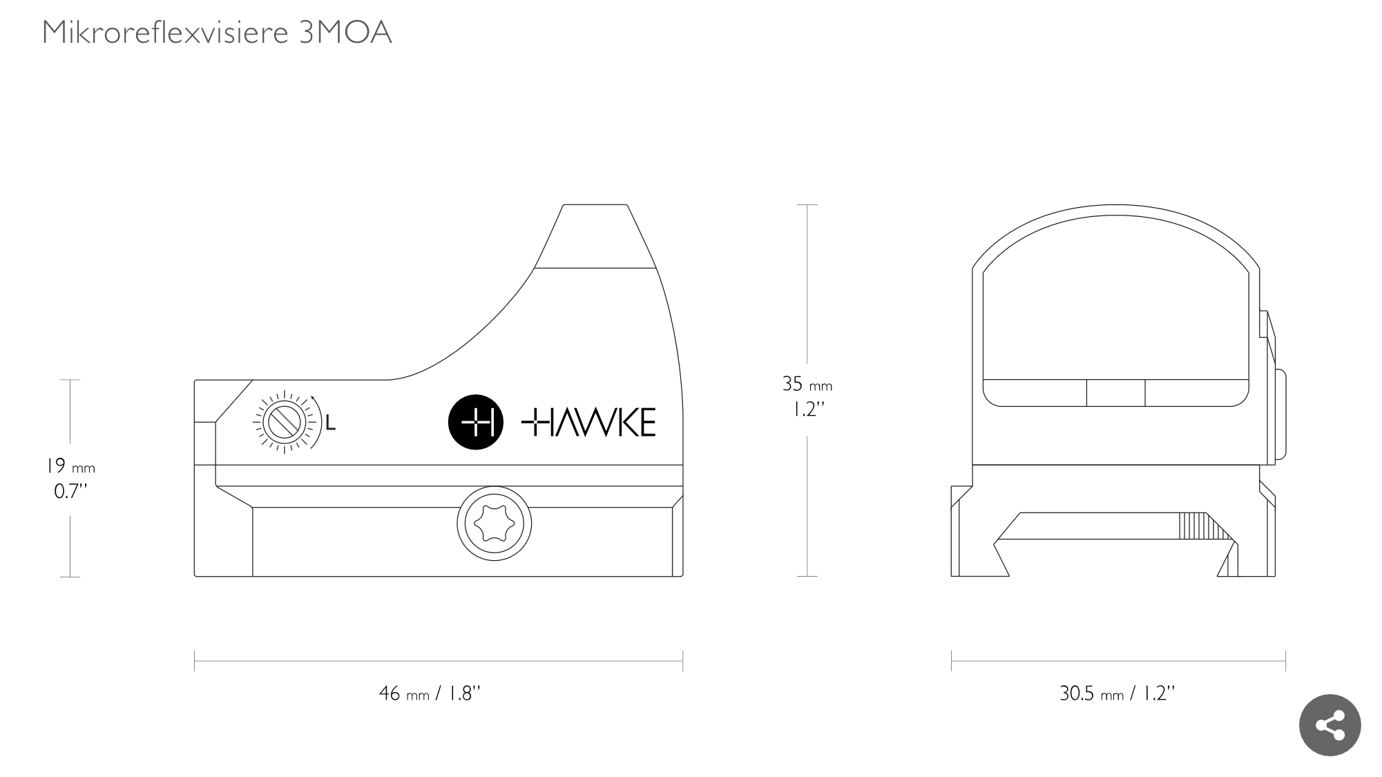 Abmessungen vom Hawke Mikroreflexvisier 3 MOA