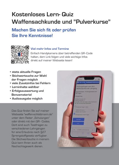Ein  QR-Code im Schie�buch f�hrt auf mein Waffensachkunde- Lernquiz ;-). Das wiederum hat Suchfunktion und kann Ihnen als Nachschlagewerk dienen.