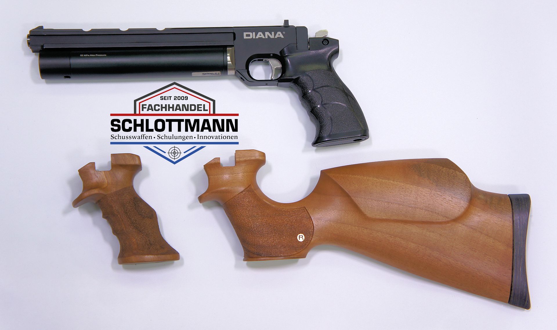 Die Luftpistole Artemis PP700S kommt unter dem Namen Diana auf den deutschen Markt. Hölzerne Griffe und Anschlagschäfte lasse ich für Sie anfertigen.