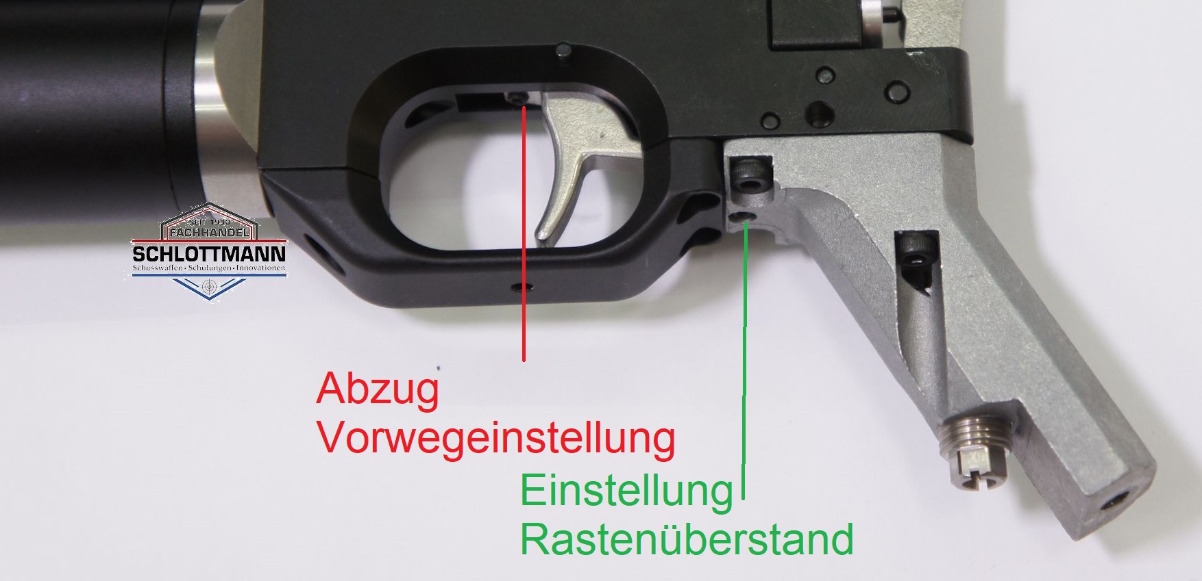 Einstallmglichkeiten an der Luftpistole airmaX PP700S-A. Stellschraube nach Rechts drehen, verkleinert den Rastensprung am Abzug. Wenn der Hahne nicht mehr hlt, zurck (nach Links)  drehen. 