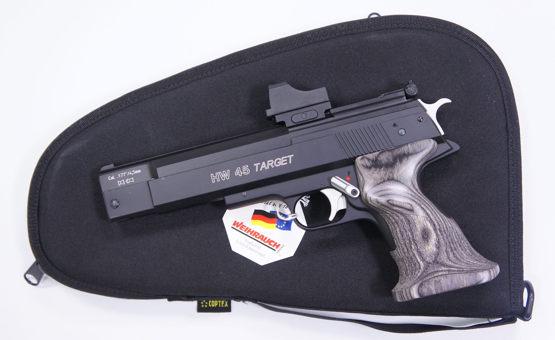 Als Zubehr fr die HW 45 Trophy RTU (Bildbeispiet mit Targetversion) mit aufgesetzter Optik kann ich Ihnen <a href=1340088.htm> solche praktische Pistolentasche </a> fr Aufbewahrung und Transport anbieten. Die Tasche wre mittels Vorhngeschloss abschliebar.