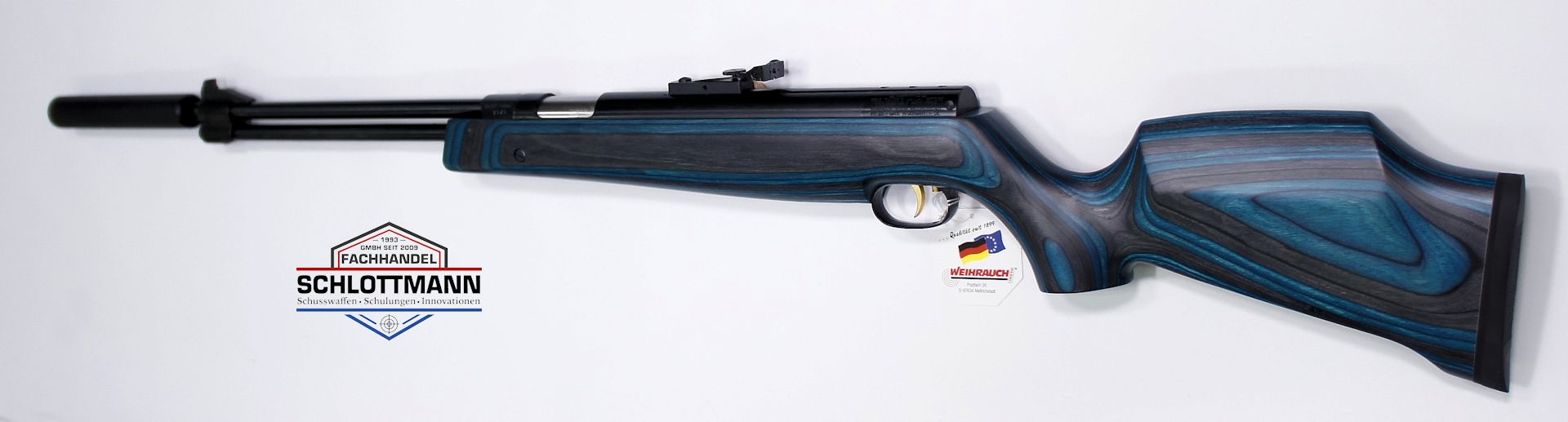 Der blaue Schichtholzschaft am Luftgewehr HW 77 K sieht sehr gut aus.