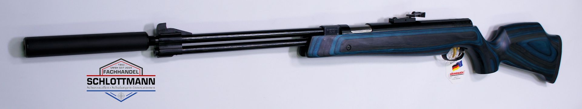 Luftgewehr HW 77 K mit Laufgewinde und Schalldmpfer im blauen Schichtholzschaft  von vorne. Der Schalldmpfer gehrt zum Lieferumfang.