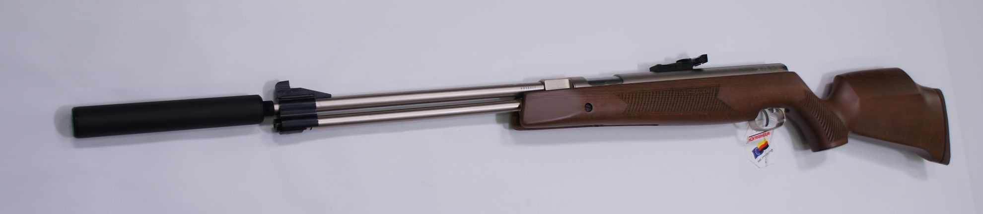 vernickeltes Luftgewehr HW 77 im neuen 97er Holzschaft mit Laufgewinde und Schalldmpfer