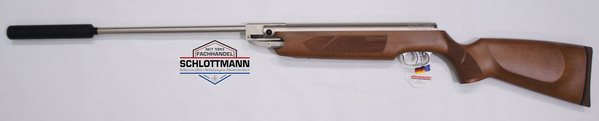 Vernickeltes Luftgewehr Weihrauch HW 35 Silverwood mit Schalldmpfer im Kaliber 4,5mm