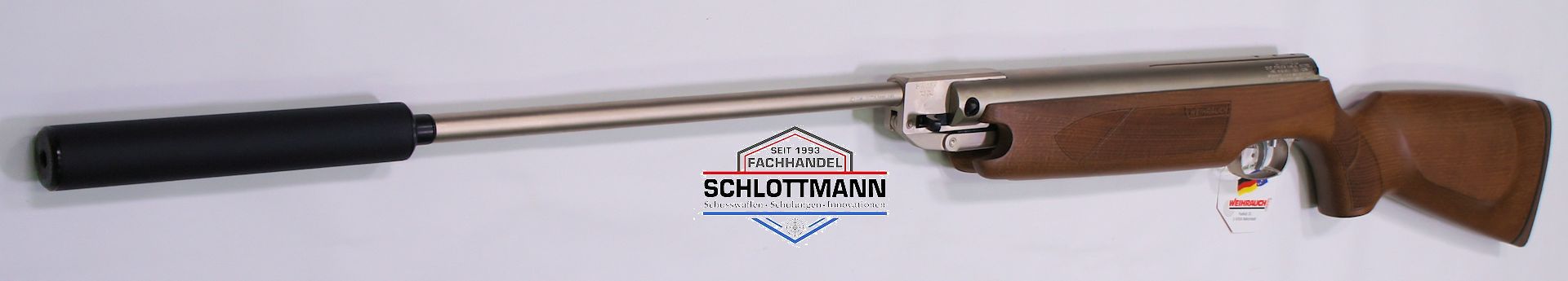 Vernickeltes Luftgewehr Weihrauch HW 35 Silverwood mit Schalldmpfer im Kaliber 4,5mm