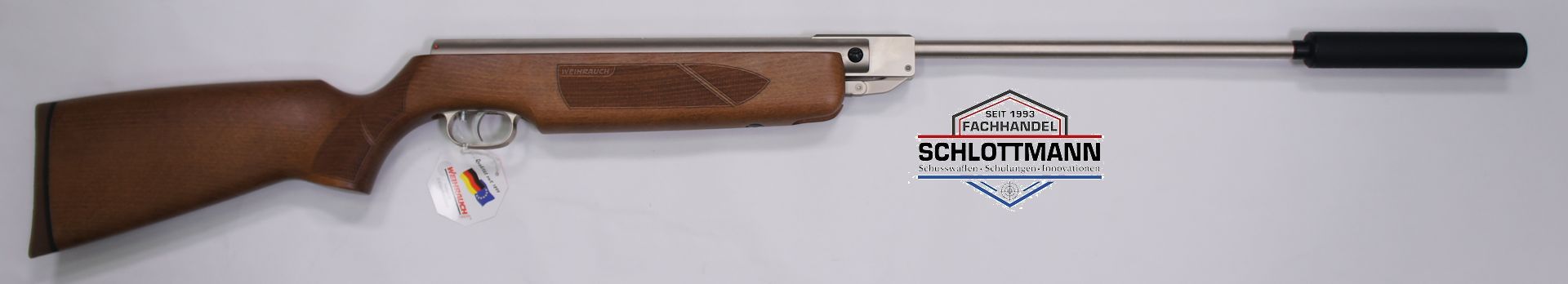 Vernickeltes Luftgewehr Weihrauch HW 35 Silverwood mit Schalldmpfer im Kaliber 4,5mm