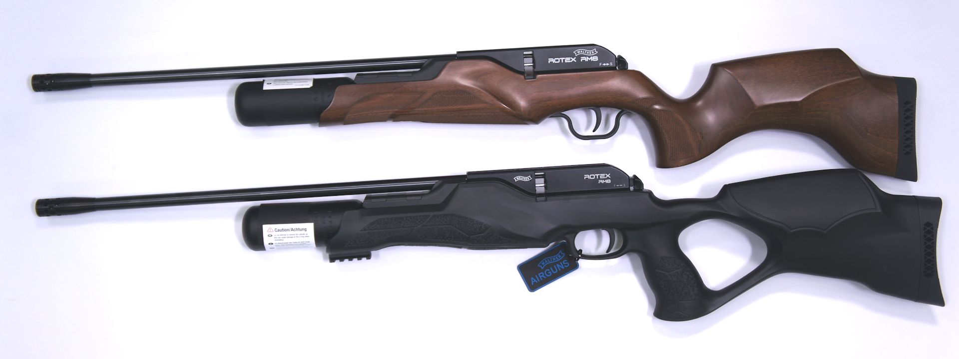 Bildlicher Vergleich der PCP Luftgewehre Walther Rotex RM8 mit Holzschaft oder Synthetikschaft von Links.