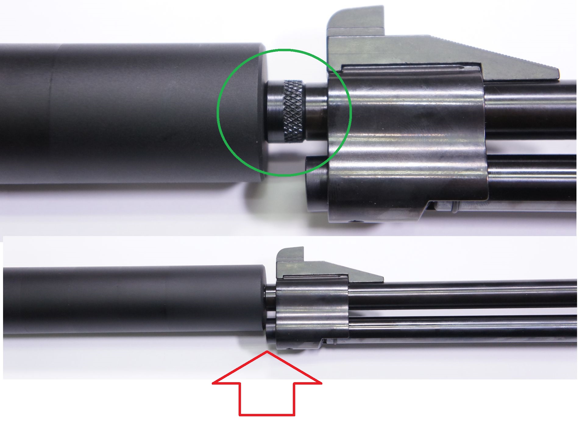 Mit in jedem Fall passt die flache  Anschussseite zum Gewehr. Hier wurde es mit dem Knopf vom Spannhebel knapp und ich habe mit einer passenden Mutter etwas Distanz geschaffen.