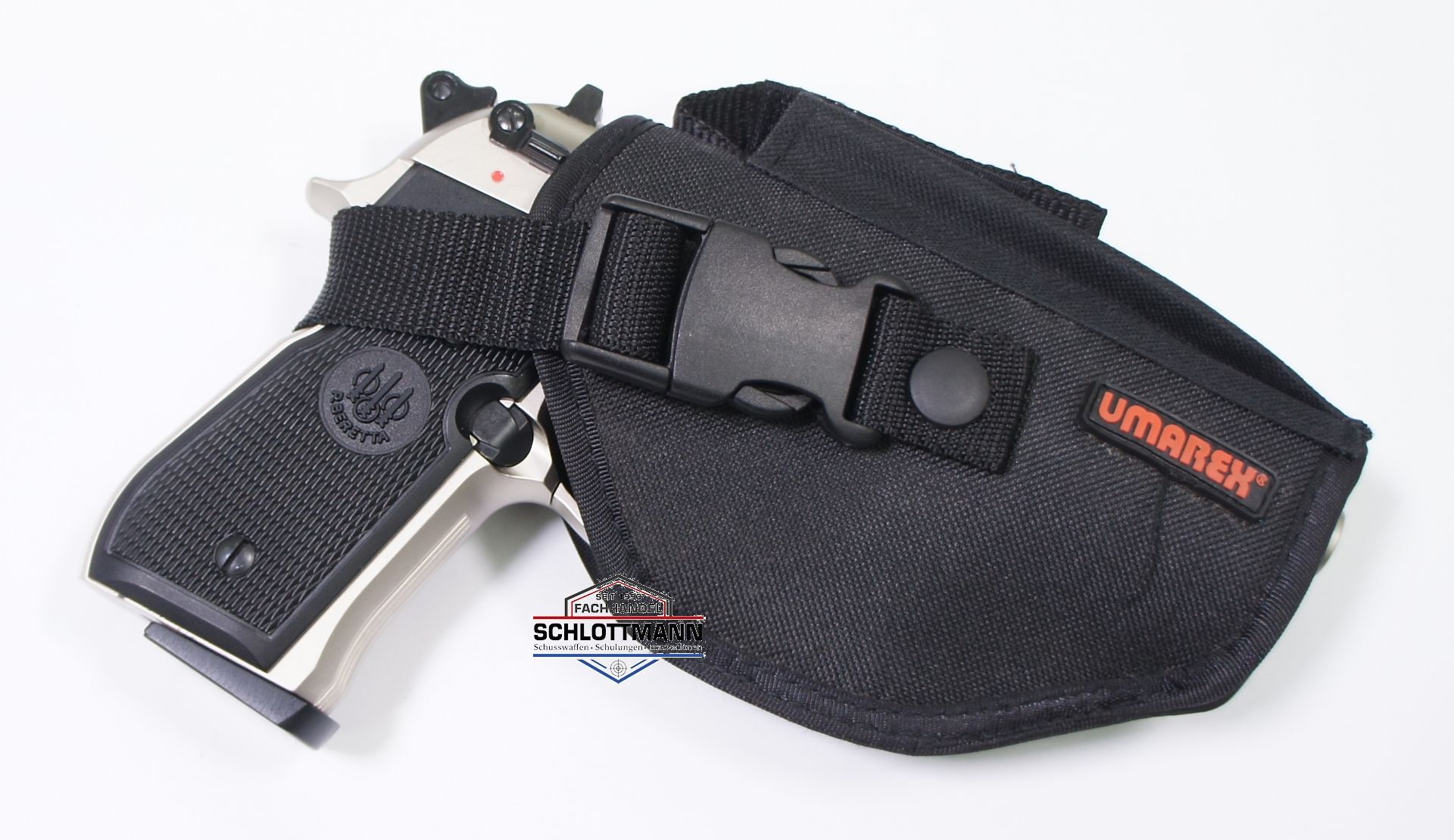 Beispiel vom Gürtelholster der Marke Umarex mit Pistole Modell Beretta 92 FS