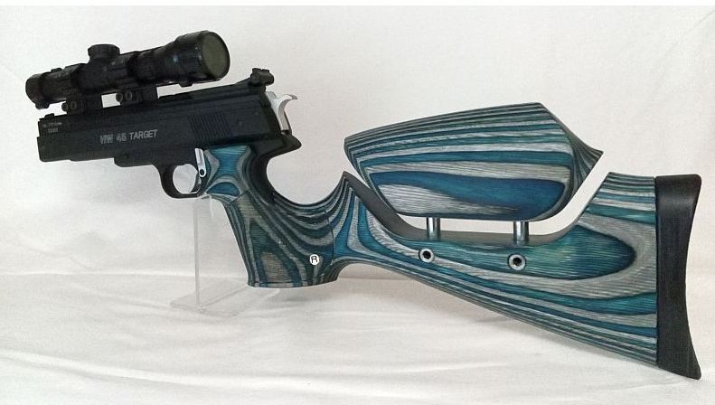 Anschlagschaft für Luftpistole HW 45 Target, -Star oder HW 75 aus blauem Schichtholz mit verstellbarer Schaftbacke