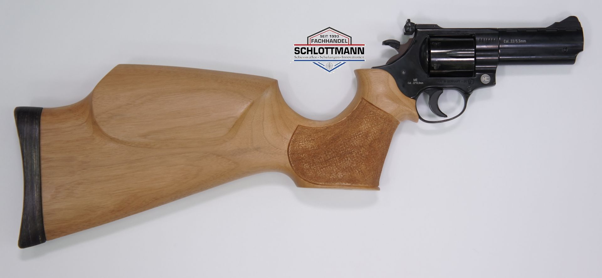 Anschlagschaft fr <a href=luftdruckrevolver.htm> LEP Revolver ME Bull Barrel</a> aus Nussbaum mit verstellbarer Schaftbacke von Rechts mit Montagebeispiel und hier vergleichsweise ohne verstellbare Backe.