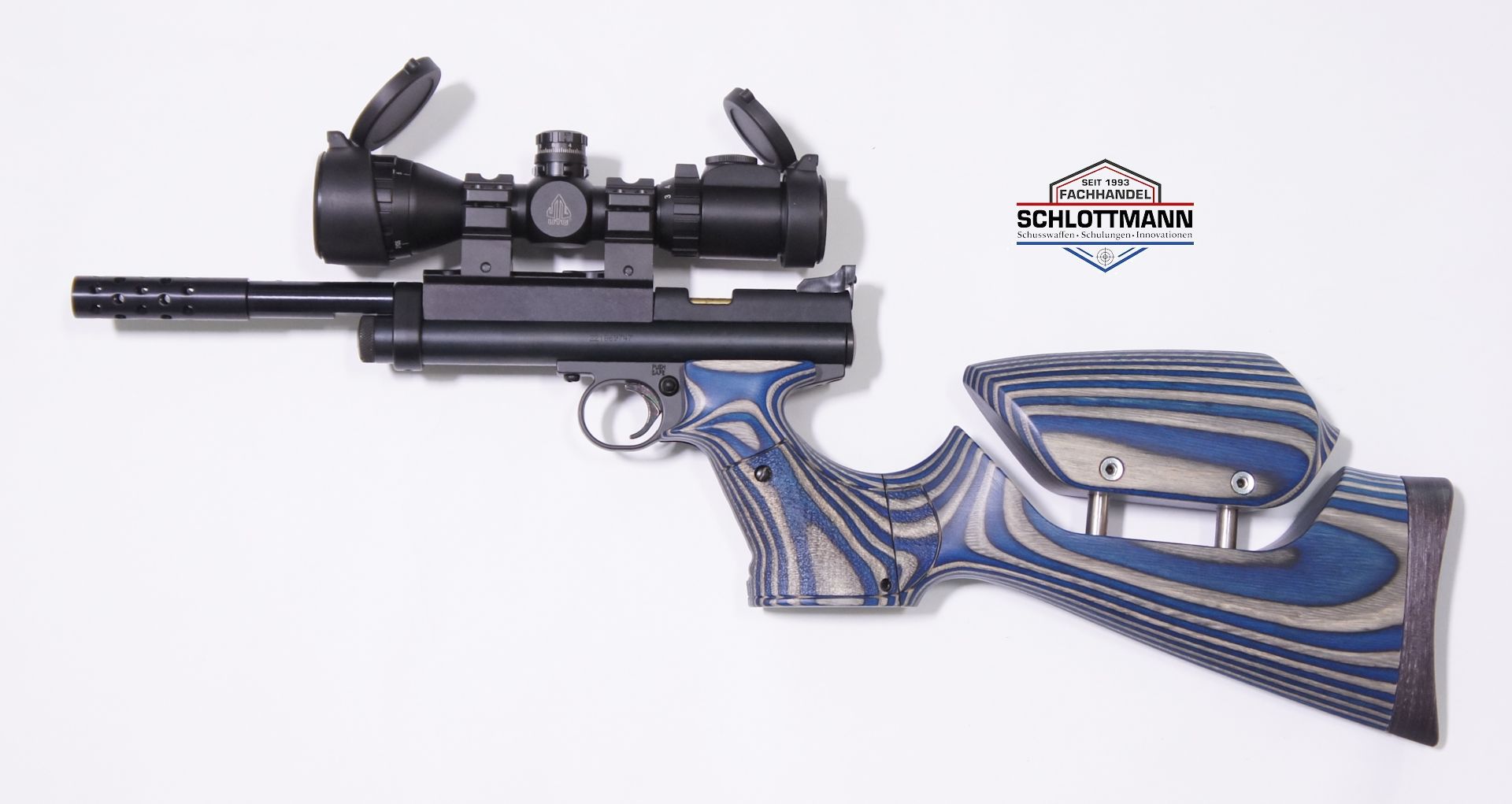 Anschlagschaft für CO2 Pistole Crosman 2240 aus  blau-grauem Schichtholz mit verstellbarer Schaftbacke