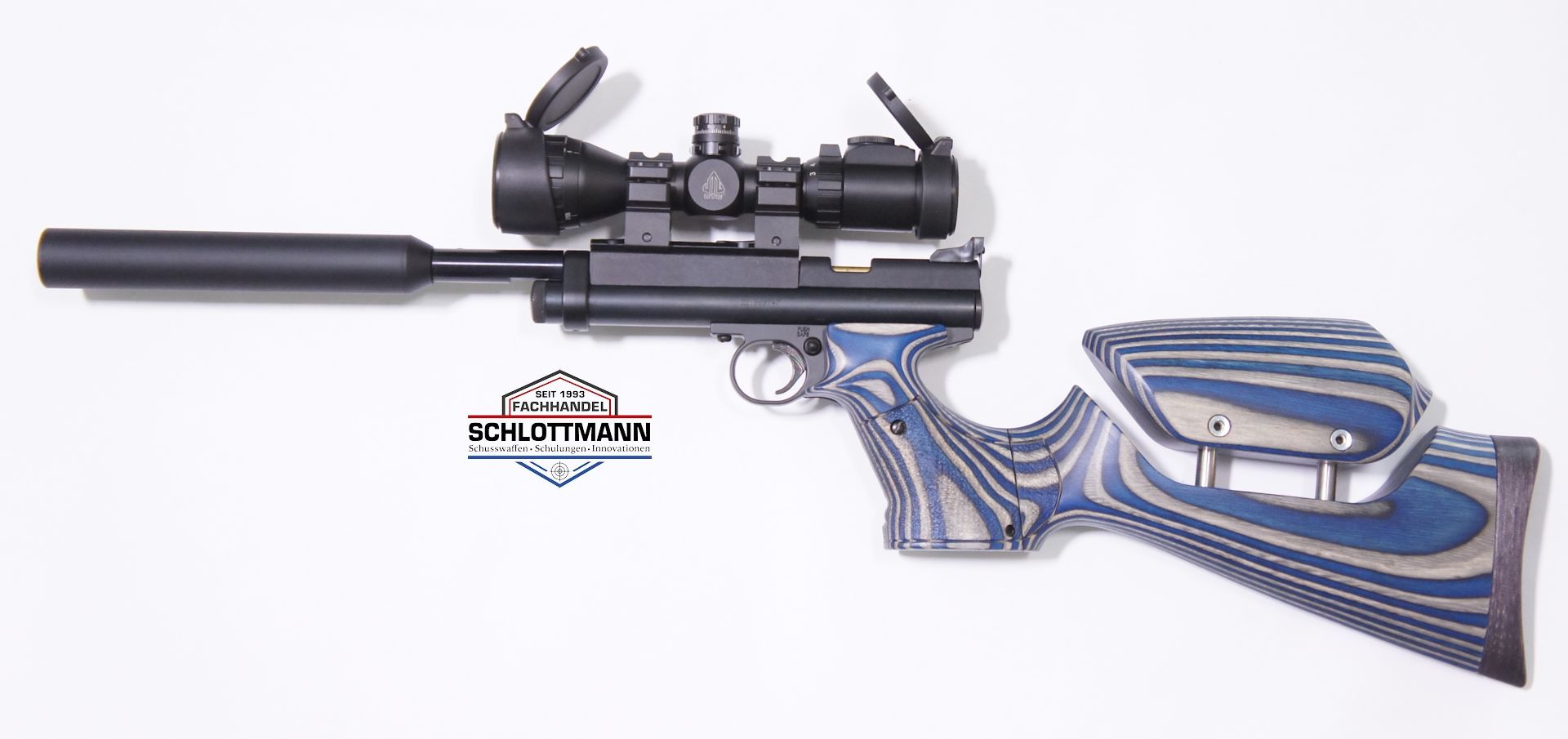 Anschlagschaft für CO2 Pistole Crosman 2240 aus  blau-grauem Schichtholz mit verstellbarer Schaftbacke