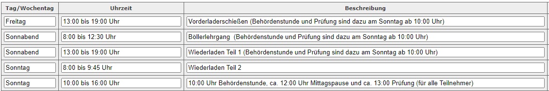 Zeitplan f�r meinen kombinierten Pulverlehrgang in Nordrhein-Westfalen